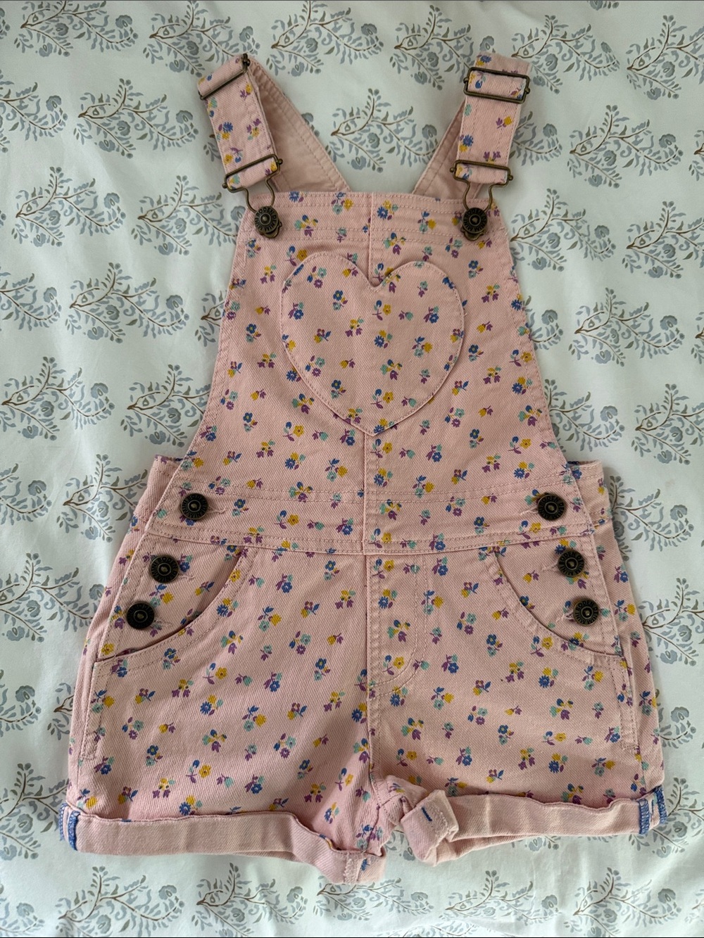 Pink Floral Heart-Front Girls' Short Overalls